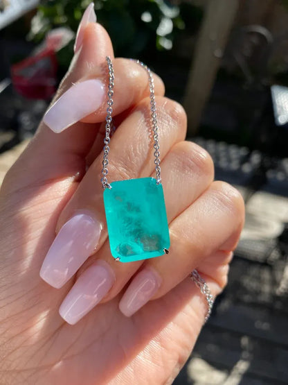 Natural Glowing Neon Colombian Emerald Rectangle Drop Necklace Pendant Chain 925 Sterling Silver Art Deco Filigree Handmade Large Beautiful