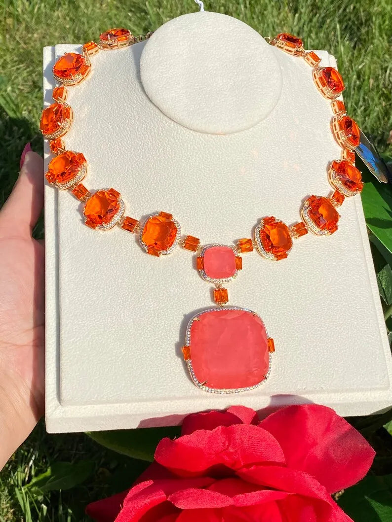 Mesmerizing, Big and Bold, Luxury and Elegant, Natural Orange Spessartine Garnet and Padparadsha Sapphire Necklace, Charm Necklace.