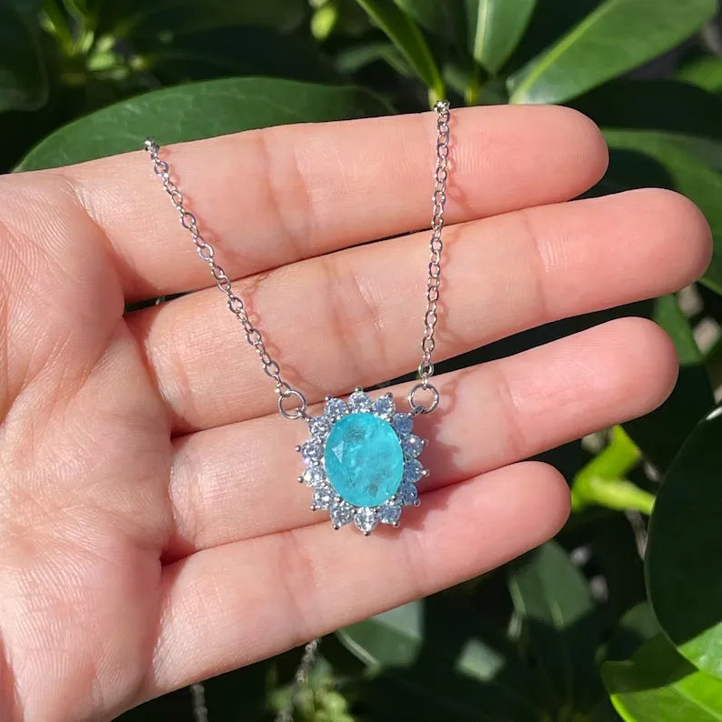 Ice Blue Oval Halo Paraiba Tourmaline Necklace Pendant, October Birth Stone, Dainty Necklace, Stunning