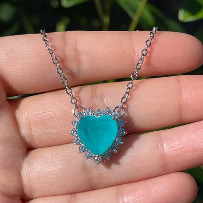 Cute Little Heart Shape Blue Paraiba Tourmaline Halo Diamond Necklace Pendant 925 Sterling Silver