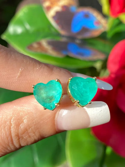 Glowing Natural Neon Colombian Emerald Stud Earrings, Emerald Heart Earrings, May Birthstone Earrings, 18K Yellow Gold Vermeil Earrings 10mm