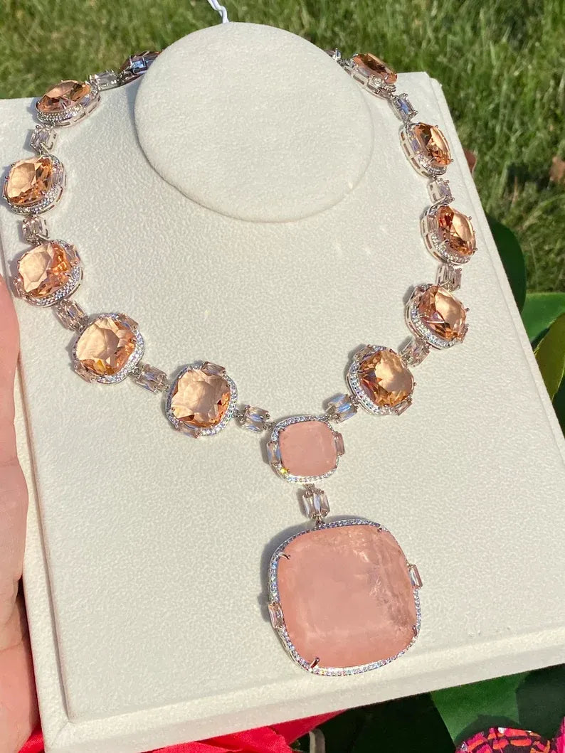 Spectacular Natural Peach and Champagne Morganite Diamond Choker Necklace, Big and Bold Morganite Charm Necklace, Perfect Gift 925 Silver