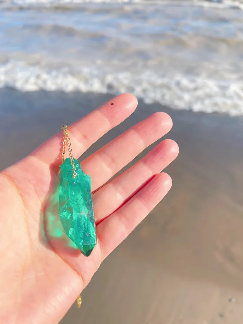 Glowing! Natural Exotic Neon Colombian Emerald Raw Gemstone Necklace, Rough Emerald Pendant, May Birthstone, Green Emerald Necklace