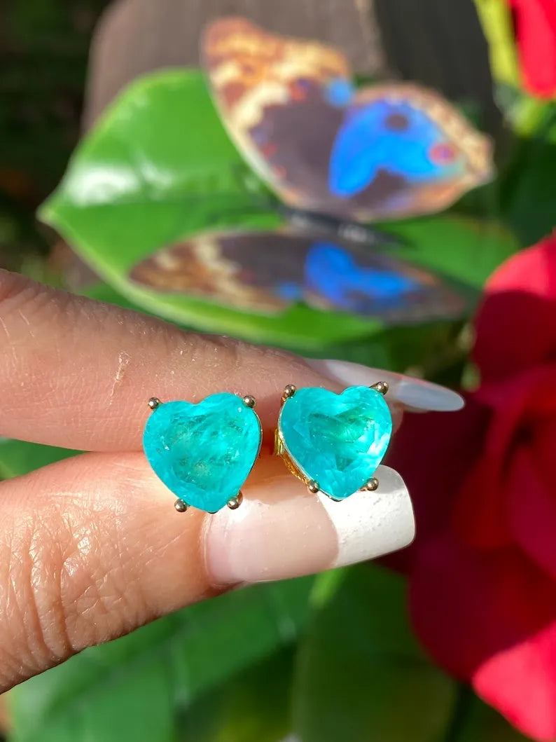 Glowing Natural Neon Blue Paraiba Tourmaline Stud Earrings, Natural Gemstone Brazil, Small Dainty Earrings, 18K Yellow Gold Vermeil