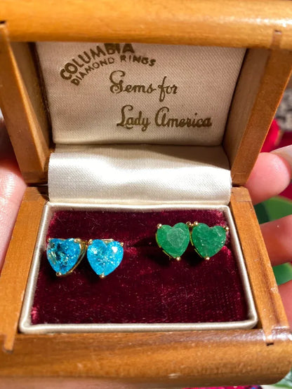 Sweet 2 Pairs of natural forest green emerald and paraiba tourmaline stud earrings, small heart shaped design, butterfly back