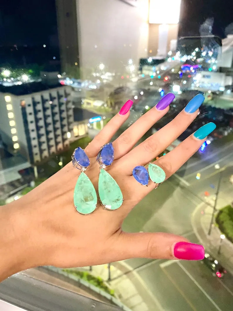 Spectacular Extra Large Natural Glowing Neon Colombian Emerald and Tanzanite Jewelry Set Dangle Drop Earrings and Ring Set