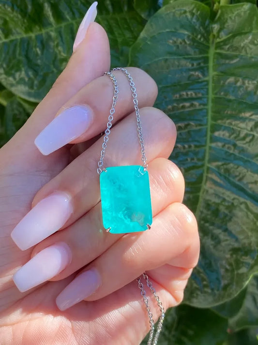 Natural Glowing Neon Colombian Emerald Rectangle Drop Necklace Pendant Chain 925 Sterling Silver Art Deco Filigree Handmade Large Beautiful