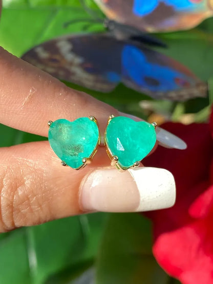 Glowing Natural Neon Colombian Emerald Stud Earrings, Emerald Heart Earrings, May Birthstone Earrings, 18K Yellow Gold Vermeil Earrings 10mm