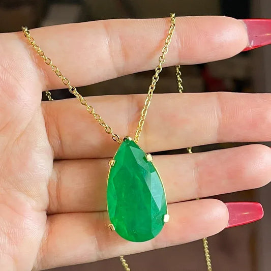 Top Quality 100% Natural Zambian Emerald Tear Drop Necklace Pendant Chain 18K Yellow Gold Over, Art Deco Filigree Handmade Large Beautiful