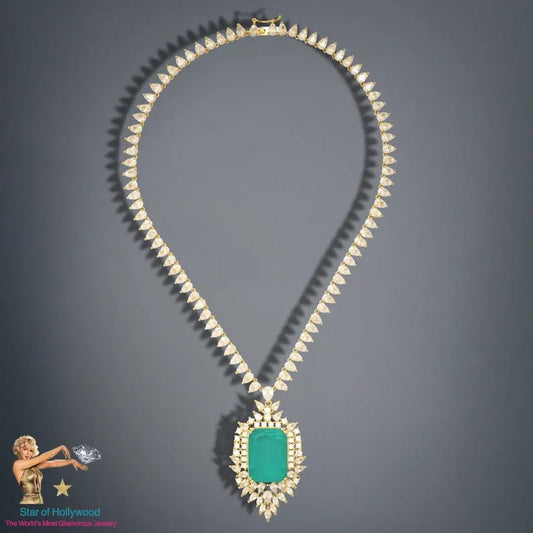 For a Queen, Imperial Elegance, Natural Colombian Emerald Charm Necklace with Exotic Neon Color and Glow, Crafted in 18K Yellow Gold Vermeil