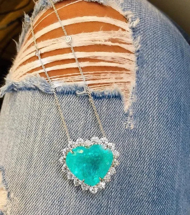 Cute Little Heart Shape Blue Paraiba Tourmaline Halo Diamond Necklace Pendant 925 Sterling Silver