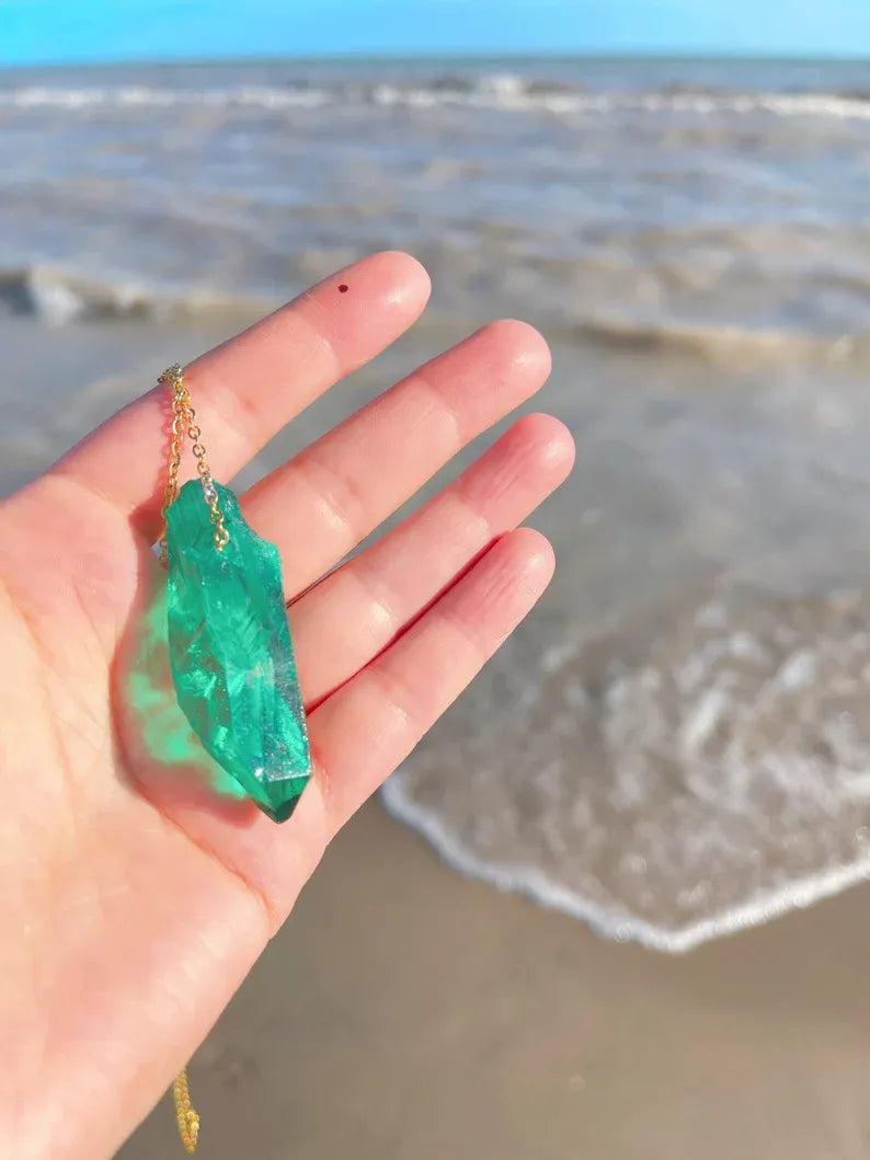 Glowing! Natural Exotic Neon Colombian Emerald Raw Gemstone Necklace, Rough Emerald Pendant, May Birthstone, Green Emerald Necklace