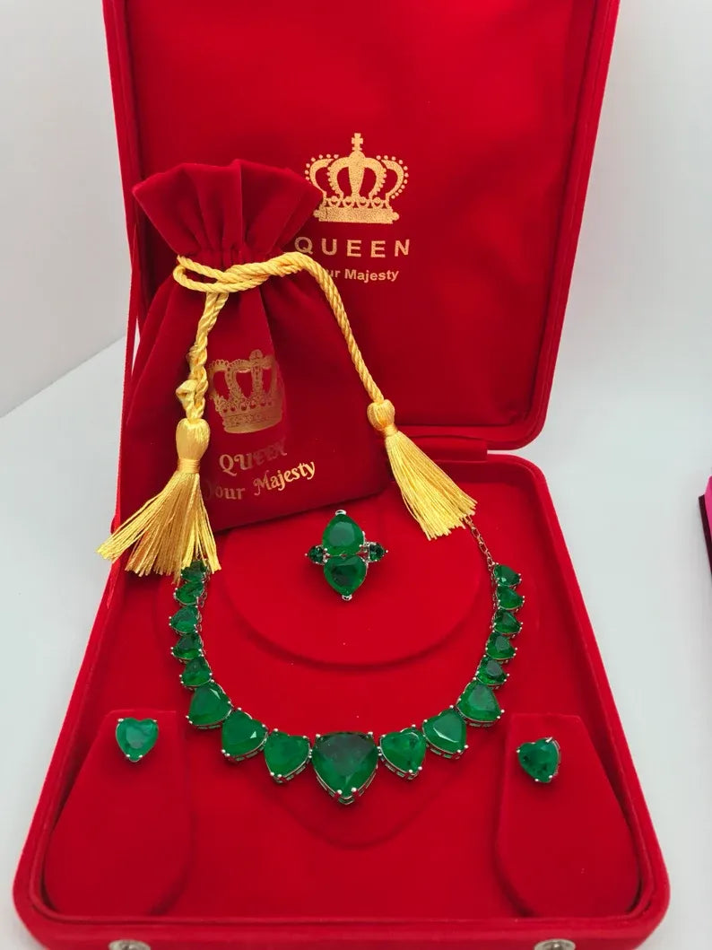 1001 Nights Queen Sultana Dubai Necklace 100% Natural Genuine Zambian Emeralds Necklace Collar 17 Hearts neon Green w Matching Earrings