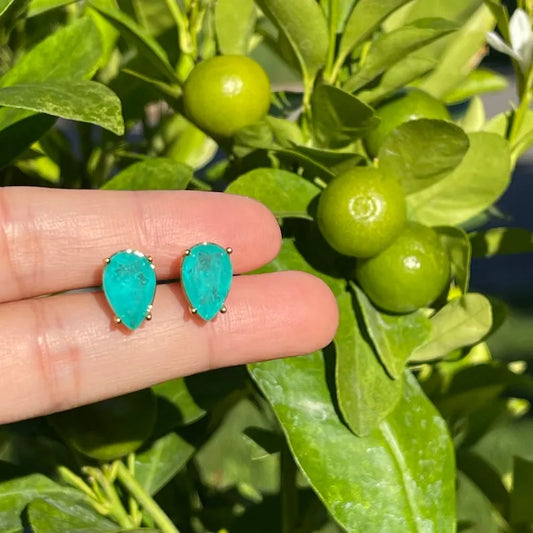 Sweet Exotic 1+1 Carat Natural Neon Colombian Emerald Stud Earrings with Amazing Neon Color and Glow 14K Yellow Gold Vermeil Emerald Pendant