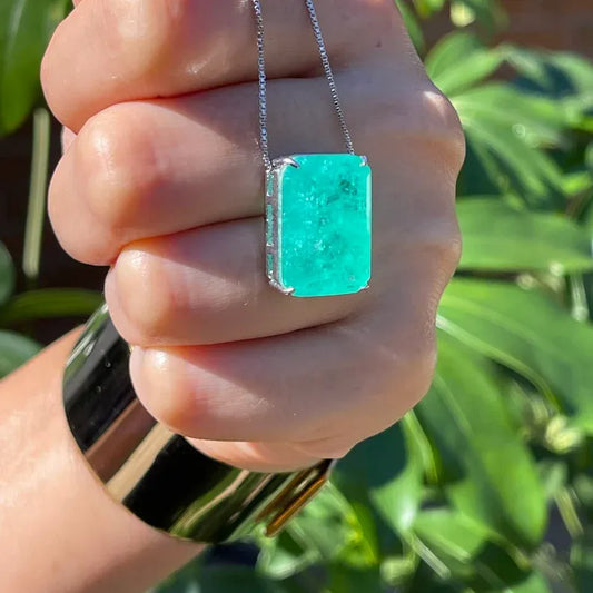 Glowing Neon Green Colombian Emerald Rectangle Drop Necklace Pendant Chain 925 Sterling Silver Art Deco Filigree Handmade Large Beautiful