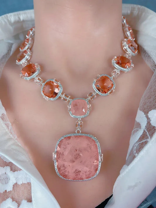 Spectacular Natural Peach and Champagne Morganite Diamond Choker Necklace, Big and Bold Morganite Charm Necklace, Perfect Gift 925 Silver