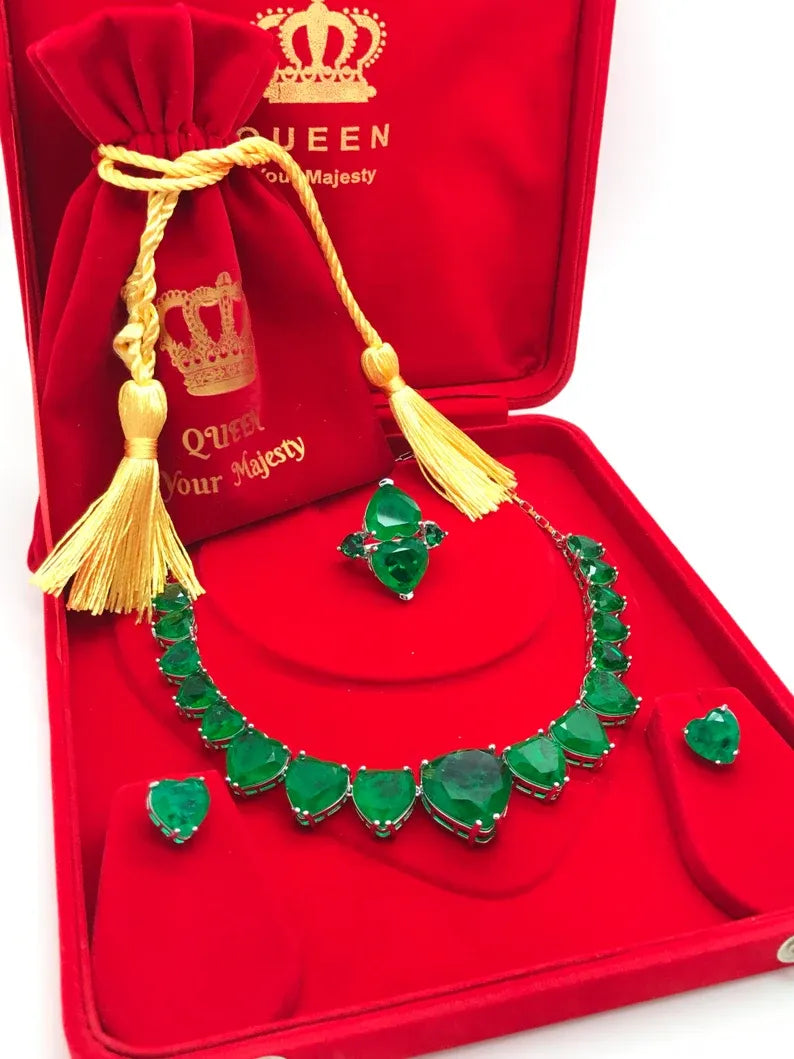 1001 Nights Queen Sultana Dubai Necklace 100% Natural Genuine Zambian Emeralds Necklace Collar 17 Hearts neon Green w Matching Earrings