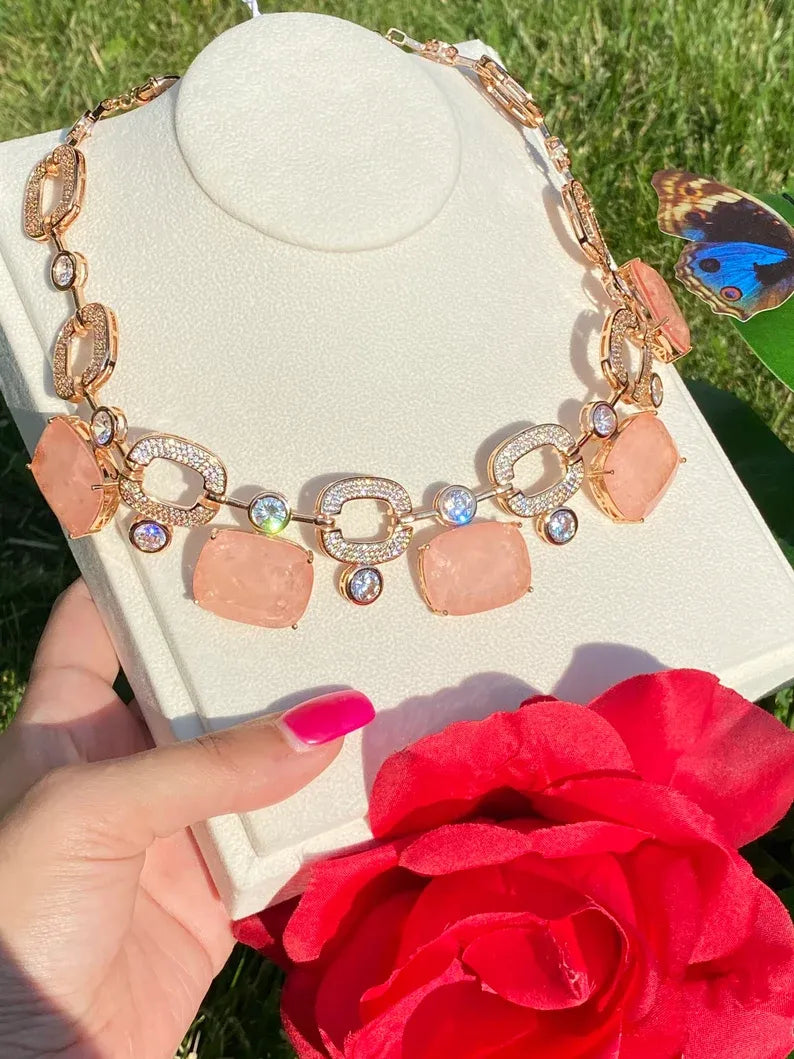 Luxury Natural Peach Morganite and Diamond Choker Necklace, 18K Yellow Gold Vermeil, Charm Necklace, Evening Necklace, Perfect Gift