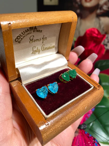 Sweet 2 Pairs of natural forest green emerald and paraiba tourmaline stud earrings, small heart shaped design, butterfly back