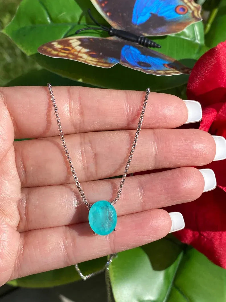 Eye Popping Glowing Natural Paraiba Tourmaline Necklace, Dainty Necklace Pendant, Paraiba Jewelry, Amazing Color & Glow 925 Sterling Silver