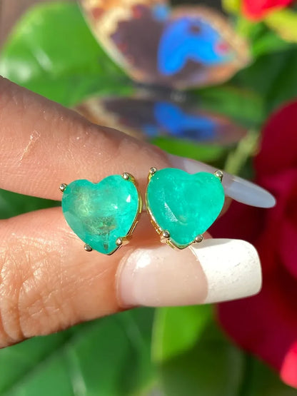 Glowing Natural Neon Colombian Emerald Stud Earrings, Emerald Heart Earrings, May Birthstone Earrings, 18K Yellow Gold Vermeil Earrings 10mm