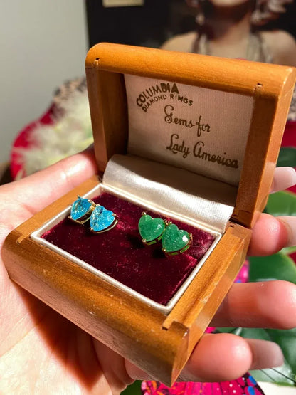 Sweet 2 Pairs of natural forest green emerald and paraiba tourmaline stud earrings, small heart shaped design, butterfly back