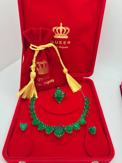 1001 Nights Queen Sultana Dubai Necklace 100% Natural Genuine Zambian Emeralds Necklace Collar 17 Hearts neon Green w Matching Earrings