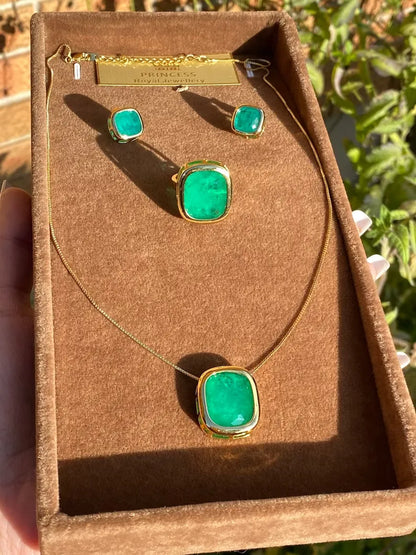 Natural Emerald Jewelry Set, May Birthstone, Celebrity Jewelry Set, Angelina Jolie Inspired, Necklace Ring Earrings, 18K Yellow Gold Vermeil