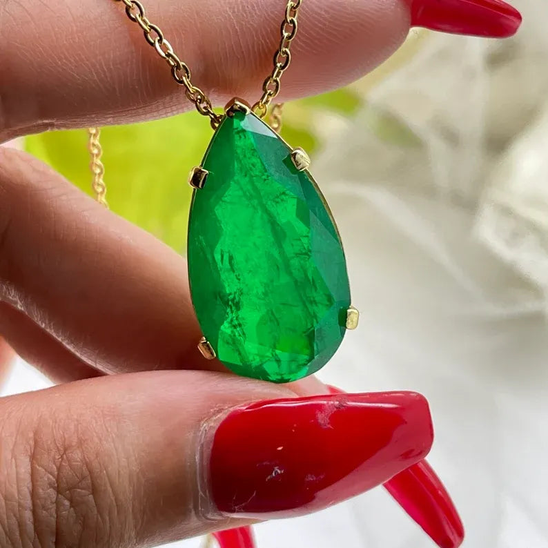 Top Quality 100% Natural Zambian Emerald Tear Drop Necklace Pendant Chain 18K Yellow Gold Over, Art Deco Filigree Handmade Large Beautiful