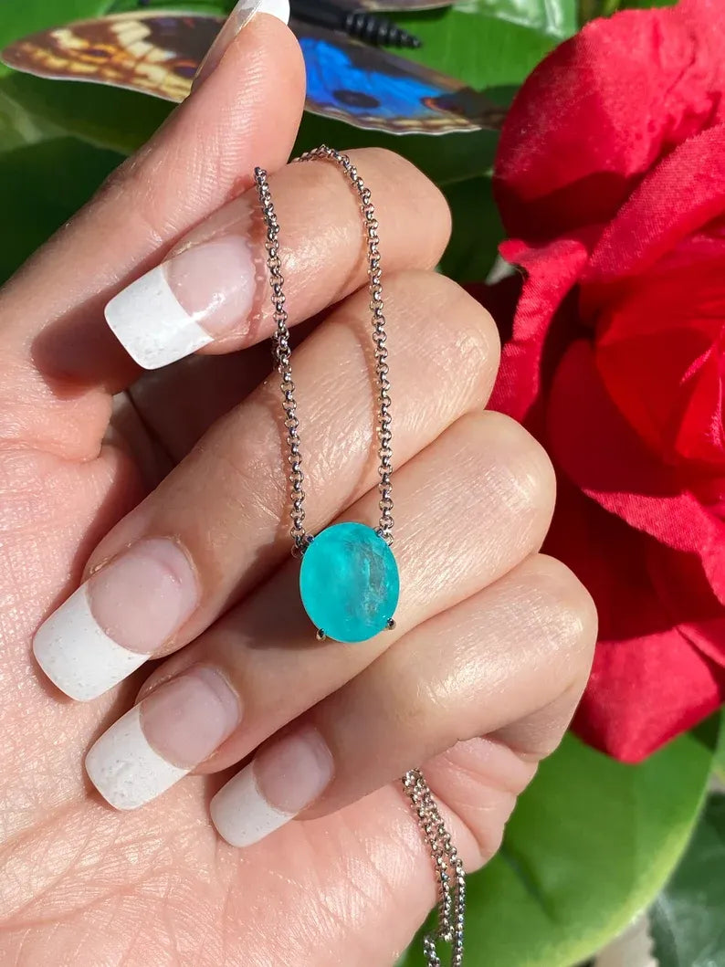 Eye Popping Glowing Natural Paraiba Tourmaline Necklace, Dainty Necklace Pendant, Paraiba Jewelry, Amazing Color & Glow 925 Sterling Silver