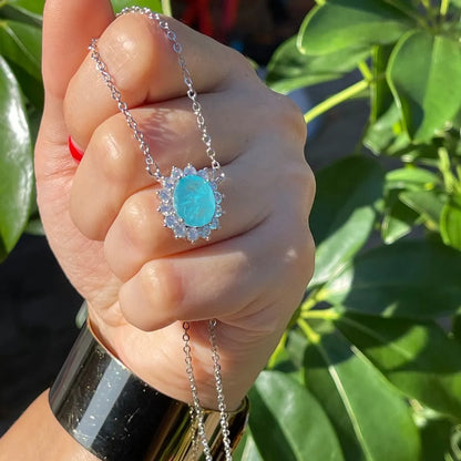 Ice Blue Oval Halo Paraiba Tourmaline Necklace Pendant, October Birth Stone, Dainty Necklace, Stunning