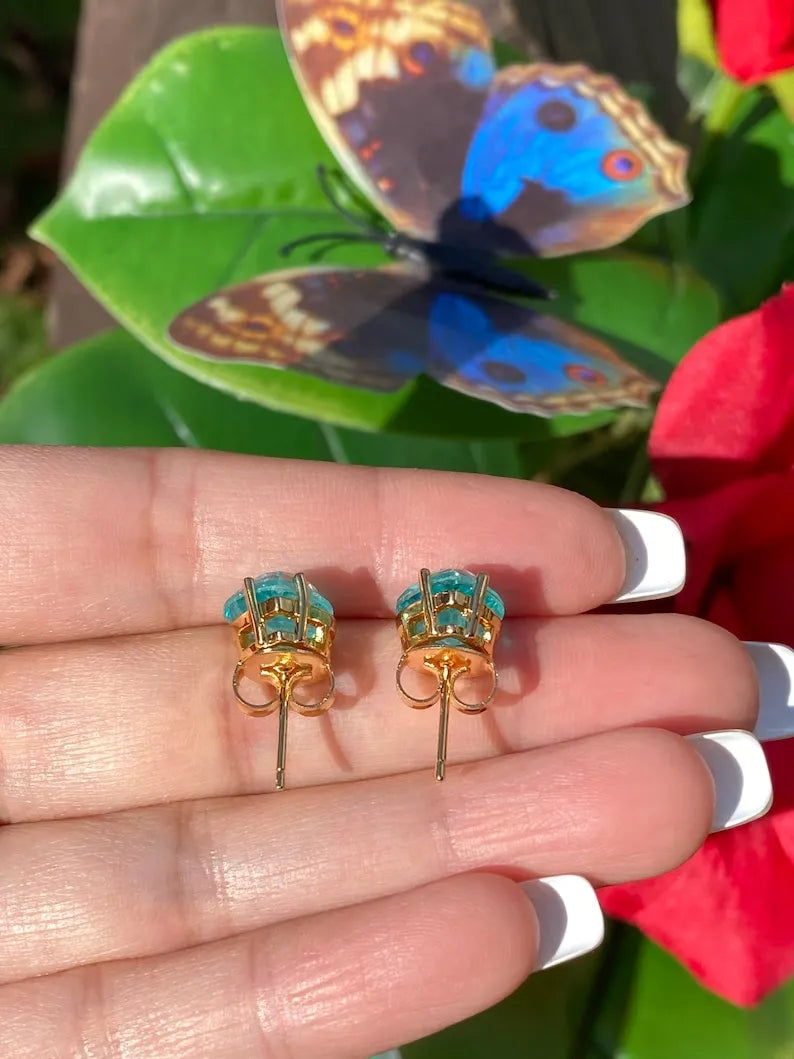 Glowing Natural Neon Blue Paraiba Tourmaline Stud Earrings, Natural Gemstone Brazil, Small Dainty Earrings, 18K Yellow Gold Vermeil