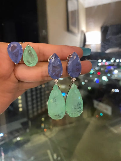 Spectacular Extra Large Natural Glowing Neon Colombian Emerald and Tanzanite Jewelry Set Dangle Drop Earrings and Ring Set