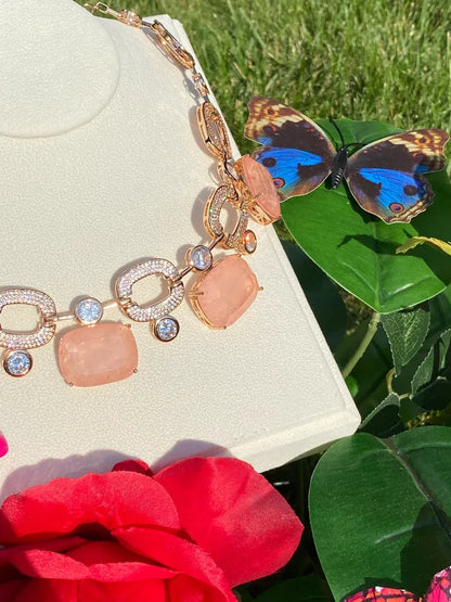 Luxury Natural Peach Morganite and Diamond Choker Necklace, 18K Yellow Gold Vermeil, Charm Necklace, Evening Necklace, Perfect Gift