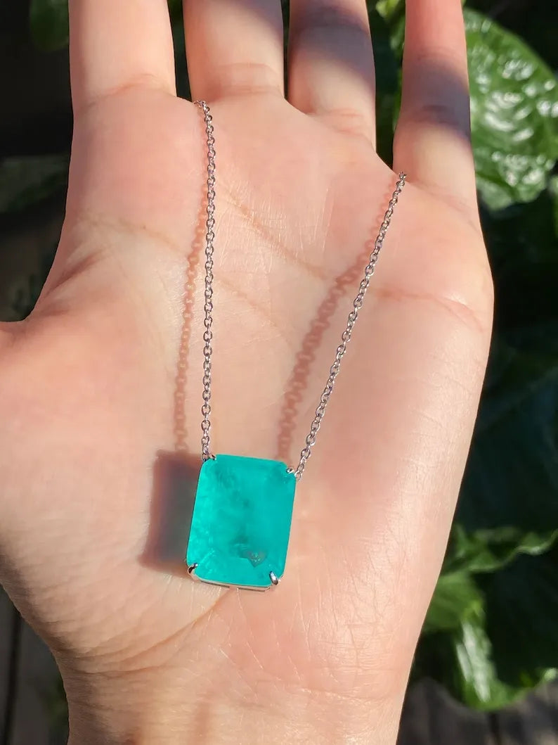 Natural Glowing Neon Colombian Emerald Rectangle Drop Necklace Pendant Chain 925 Sterling Silver Art Deco Filigree Handmade Large Beautiful