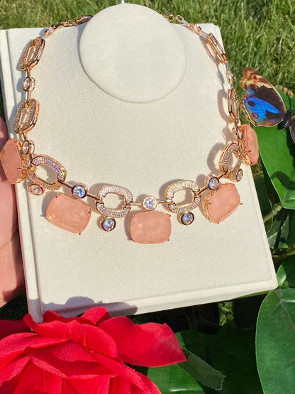 Luxury Natural Peach Morganite and Diamond Choker Necklace, 18K Yellow Gold Vermeil, Charm Necklace, Evening Necklace, Perfect Gift