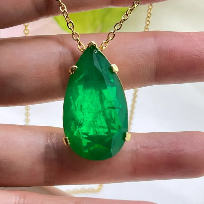 Top Quality 100% Natural Zambian Emerald Tear Drop Necklace Pendant Chain 18K Yellow Gold Over, Art Deco Filigree Handmade Large Beautiful