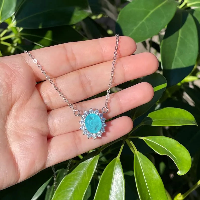 Ice Blue Oval Halo Paraiba Tourmaline Necklace Pendant, October Birth Stone, Dainty Necklace, Stunning