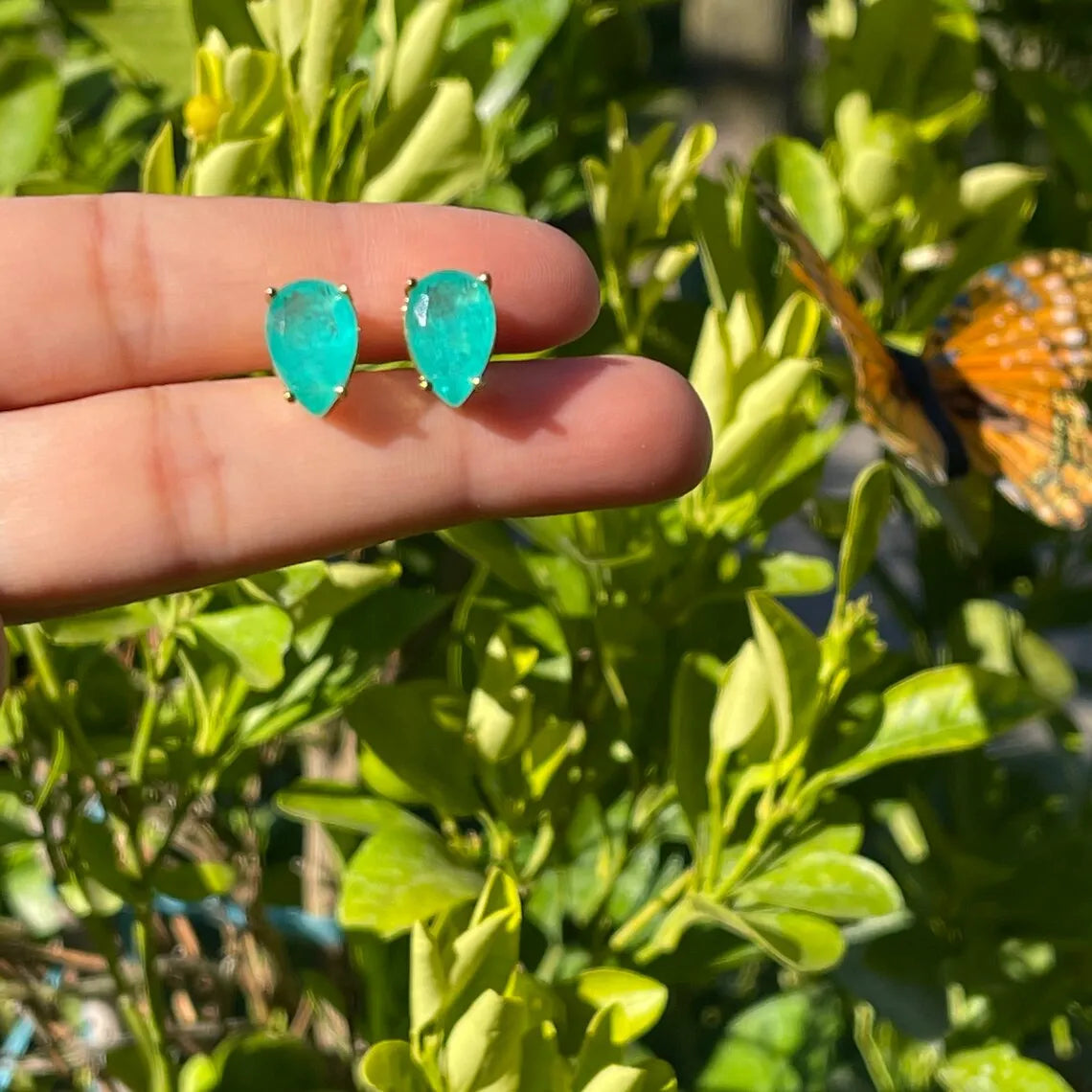 Sweet Exotic 1+1 Carat Natural Neon Colombian Emerald Stud Earrings with Amazing Neon Color and Glow 14K Yellow Gold Vermeil Emerald Pendant