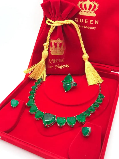 1001 Nights Queen Sultana Dubai Necklace 100% Natural Genuine Zambian Emeralds Necklace Collar 17 Hearts neon Green w Matching Earrings