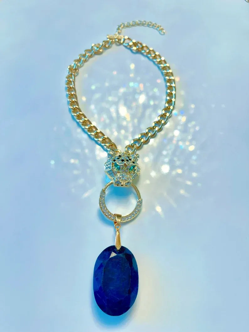 Magnificent Large Natural Sapphire Leopard Head Charm Necklace with Emerald Eyes, South Africa, 18K Yellow Gold Vermeil Cuban Link Chain