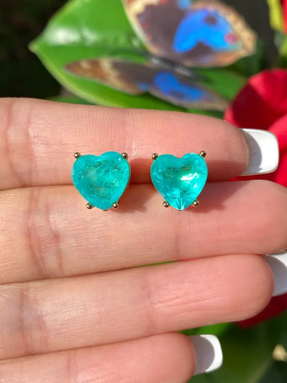 Glowing Natural Neon Blue Paraiba Tourmaline Stud Earrings, Natural Gemstone Brazil, Small Dainty Earrings, 18K Yellow Gold Vermeil