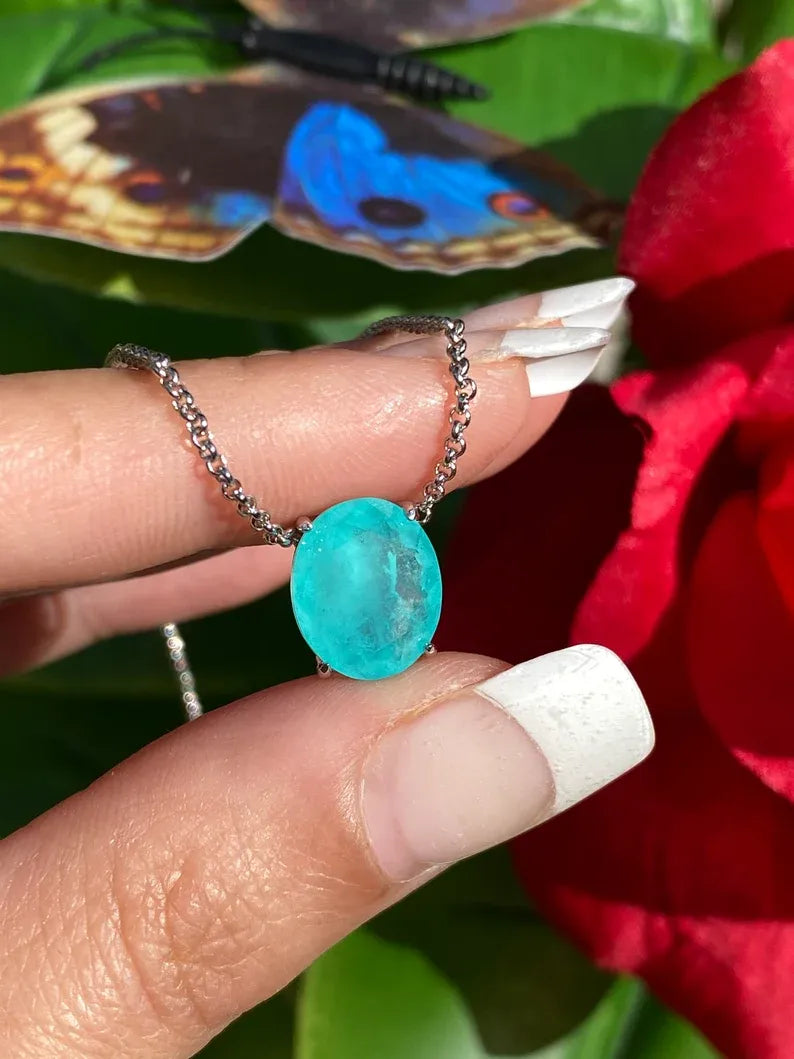 Eye Popping Glowing Natural Paraiba Tourmaline Necklace, Dainty Necklace Pendant, Paraiba Jewelry, Amazing Color & Glow 925 Sterling Silver