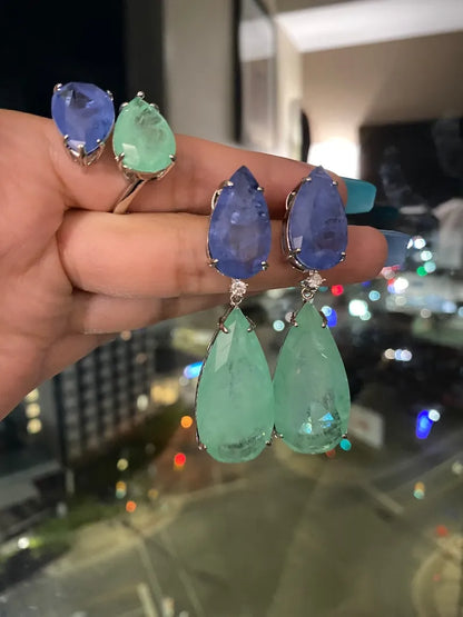 Spectacular Extra Large Natural Glowing Neon Colombian Emerald and Tanzanite Jewelry Set Dangle Drop Earrings and Ring Set