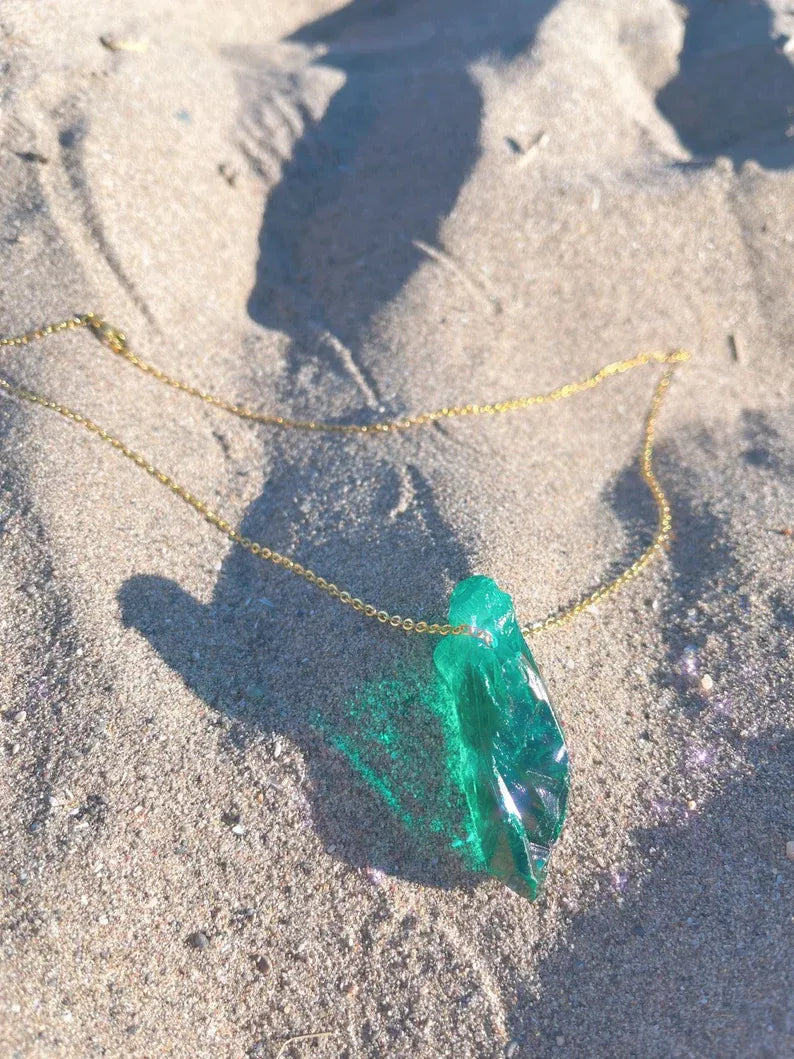 Glowing! Natural Exotic Neon Colombian Emerald Raw Gemstone Necklace, Rough Emerald Pendant, May Birthstone, Green Emerald Necklace