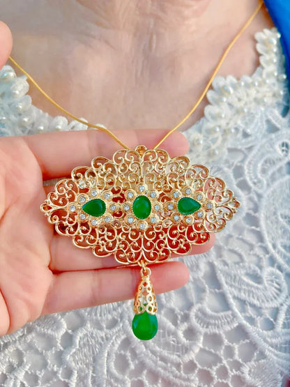 Large Natural Emerald Necklace, Inspired by Queen, Royal Dangle Drop Design, Multi Use Brooch Pendant Necklace, Luxury Gift Box