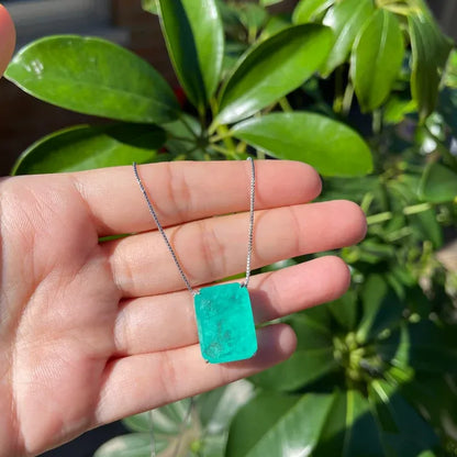 Glowing Neon Greenish Colombian Emerald Rectangle Drop Necklace Pendant Chain 925 Sterling Silver Art Deco Filigree Handmade Large Beautiful