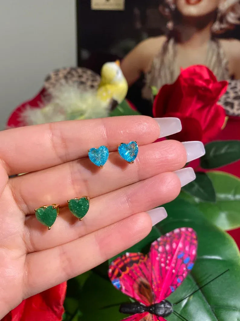 Sweet 2 Pairs of natural forest green emerald and paraiba tourmaline stud earrings, small heart shaped design, butterfly back