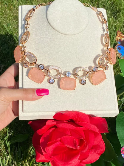 Luxury Natural Peach Morganite and Diamond Choker Necklace, 18K Yellow Gold Vermeil, Charm Necklace, Evening Necklace, Perfect Gift