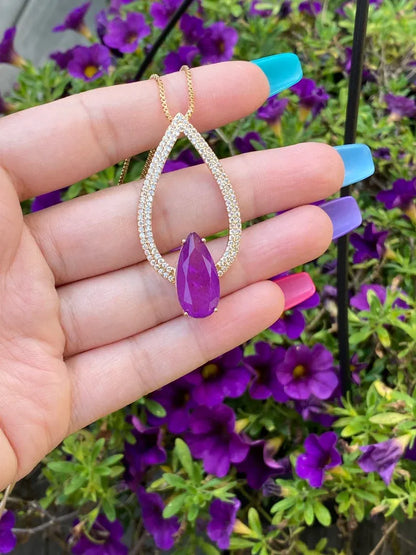 Simple and Beautiful 3Ct Natural Pear Drop Amethyst Necklace Pendant 18K Yellow Gold Vermeil